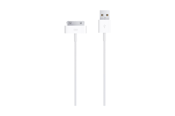 Two white cables with square heads and metal edges to plug into your device and dock.